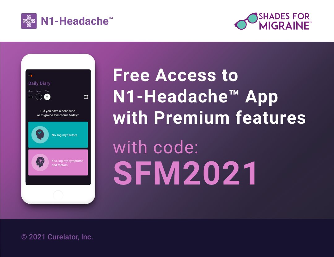 We've teamed up with Curelator again to offer you a FREE Premium subscription to the N1-Headache app.⁠

For access:⁠
1. On your phone’s app store search “N1-Headache” and download the app.⁠
2. Create an N1-Headache account⁠
3. Enter code: SFM2021
Offer active until 9/15/21⁠