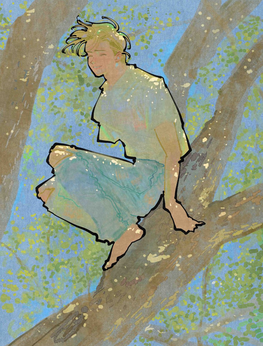 shirt solo tree pants white shirt blonde hair sitting  illustration images