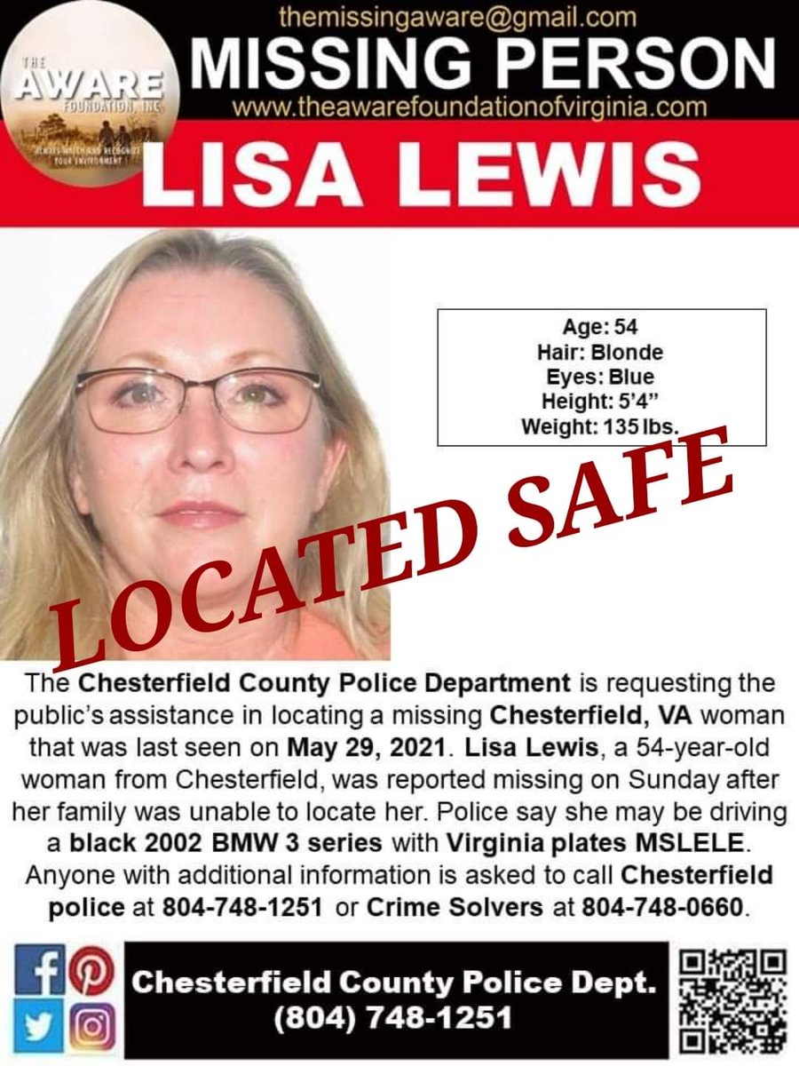 UPDATE: LISA LEWIS has been located and is SAFE! Thanks again for your help. #TheAWAREFoundation