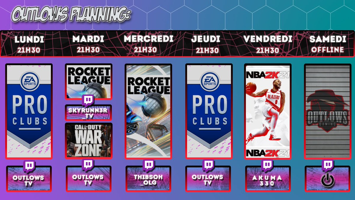Team_OLG_'s tweet photo. 📢Bonsoir à tous !
⬇️ Cette semaine chez @OutlowsG :

⚽ @OutlowsZaraki sur 
📺 https://t.co/Rt0WV14Zvb

🚙 @thibsoh x @OSkyrunn3r 
📺 https://t.co/uG34XNFzK4
📺 https://t.co/i2Jnwz4ShU 

🏀 #OutlowsPanthers sur
📺https://t.co/WkOvfxD9y8
#stream #twitchstreamer #twitch https://t.co/dMy6XTwkL6