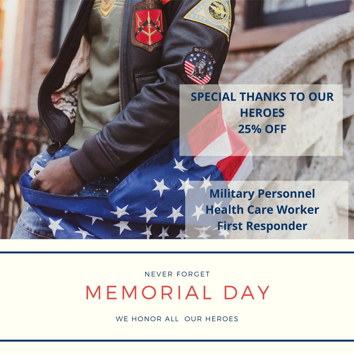TopGunstore's tweet image. For all our military personnel, first line and healthcare workers 25% OFF!!! Go to TOPGUNSTORE.COM
And follow instructions!!! ✨ Don't miss the opportunity! SHOP ONLINE 👌
.
.
.
#topgun #topgunfashion #memorialday🇺🇸 #memorialdayweekend #memorialdaysale #memorialday2021