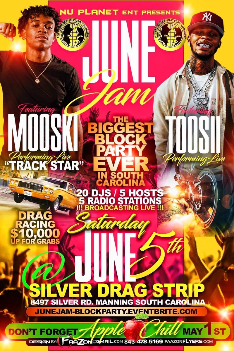 DjMoney_Mook's tweet photo. This Saturday‼️‼️‼️
Silver Dragway in Clarendon County SC‼️
June Jam‼️ Major 🔑 alert 📢‼️‼️
10k up for grabs in Grudge racing 🏎‼️
We got @Mooski_Official and @toosii2x performing live along with others‼️ Get your last minute tickets 🎟now at https://t.co/HUisxvpS3w https://t.co/R984WZxYk2