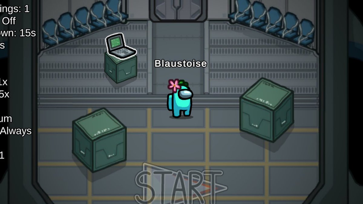 Cyan Crewmate with flower hat in the lobby.