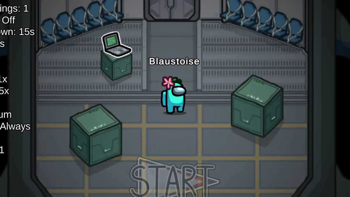 Cyan Crewmate with flower hat in the lobby.