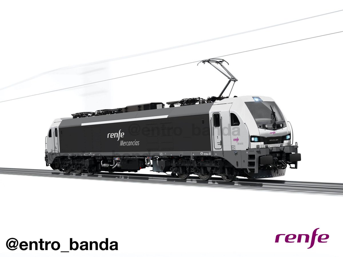 entro_banda's tweet photo. Serán las locomotoras Euro6000 de #Stalder las nuevas máquinas de @Renfe mercancías? Les queda bien el pantone! 🟣⚪⚫ 

#photoshop #renfe #stadlerrail #euro6000 #renfemercancías #locomotora https://t.co/x8PremCdTZ