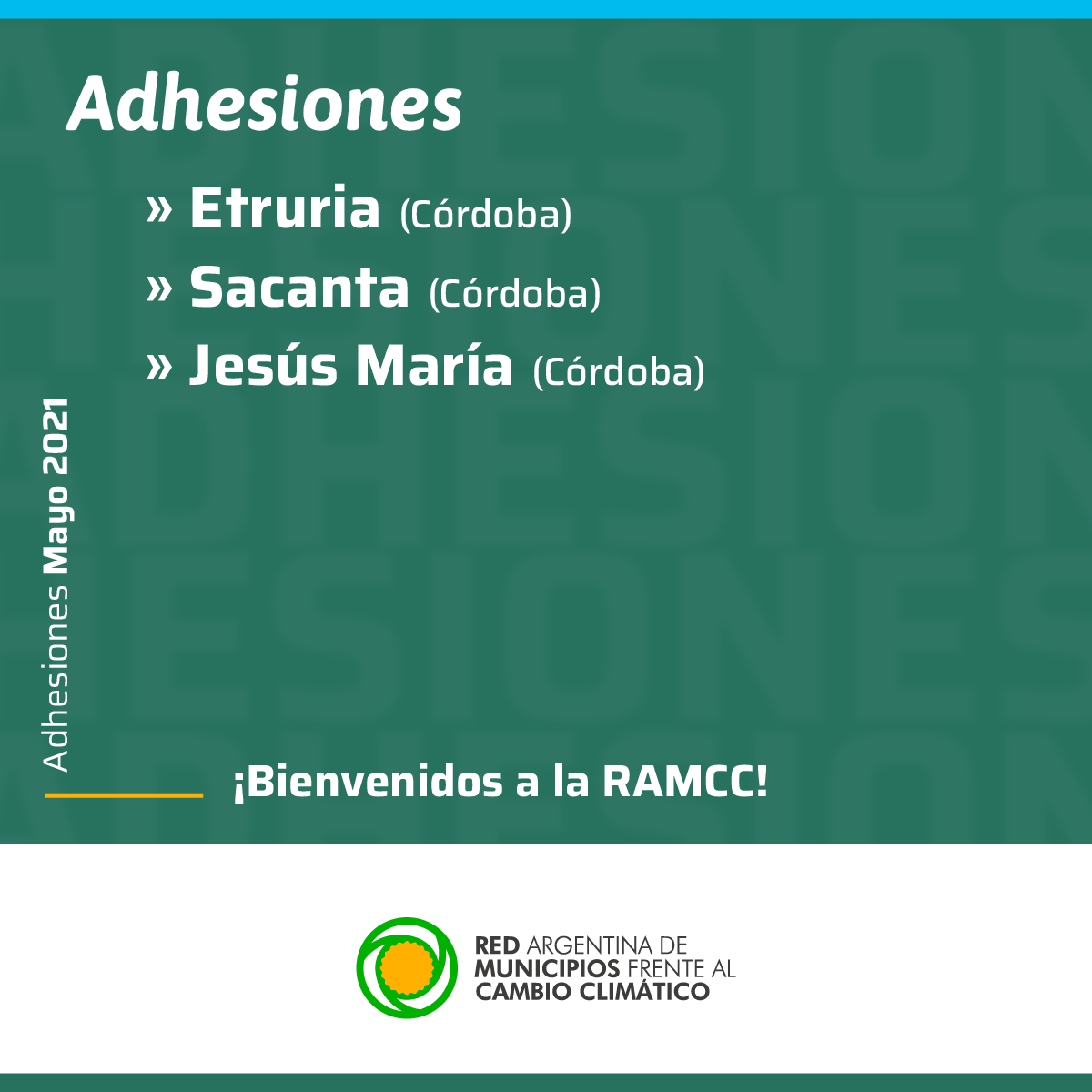 ramcc_ar's tweet photo. #MunicipiosRAMCC
Cada vez somos más municipios enfrentando el cambio climático
En el mes de mayo se adhirieron:
➡ Etruria (Córdoba) #Etruria
➡ Sacanta (Córdoba) #Sacanta
➡ Jesús María (Córdoba) @municipalidadJM
¡Bienvenidos a la #RAMCC!
#Adhesiones #AcciónClimática https://t.co/w1btAicfIU
