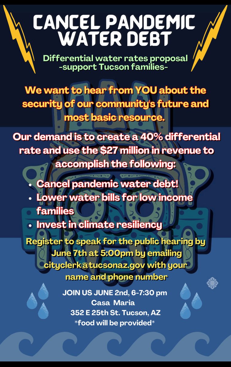 OurWaterTucson's tweet photo. Our Water Tucson is hosting a rally/party at @_Casa_Maria on Wednesday evening! Please share and come join us!

@DSA_Tucson @SunriseTucson @pima_youngdems @CenterForBioDiv @520barrionc @PDITucson @YESGP_AZ @panleft @PopCycleShop1 @MirandaForWard6 @PortelaforWard6 @lucycitycouncil https://t.co/hm3NTmP8se