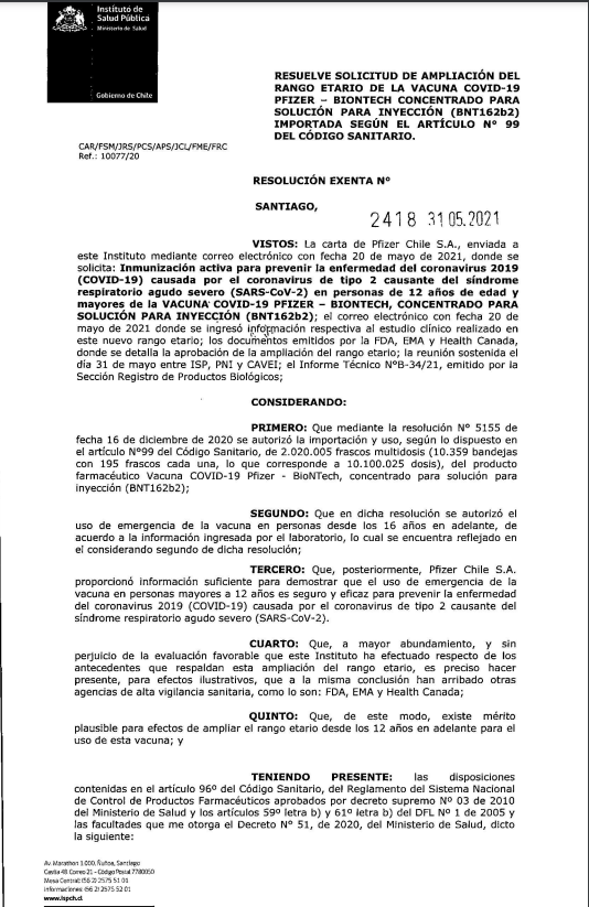 manupalominos's tweet photo. 🔴COVID-19| Es oficial. El @ispch autorizó el uso de la vacuna Pfizer-Biontech en niños, niñas y adolescentes: "Existe mérito plausible para efectos de ampliar el rango etario desde los 12 años en adelante para el uso de esta vacuna". Acá está la resolución👇

@adnradiochile https://t.co/DZzMvRy9jJ