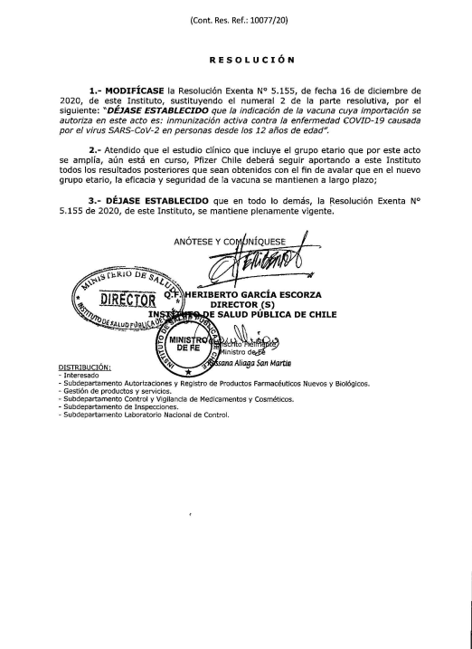 manupalominos's tweet photo. 🔴COVID-19| Es oficial. El @ispch autorizó el uso de la vacuna Pfizer-Biontech en niños, niñas y adolescentes: "Existe mérito plausible para efectos de ampliar el rango etario desde los 12 años en adelante para el uso de esta vacuna". Acá está la resolución👇

@adnradiochile https://t.co/DZzMvRy9jJ