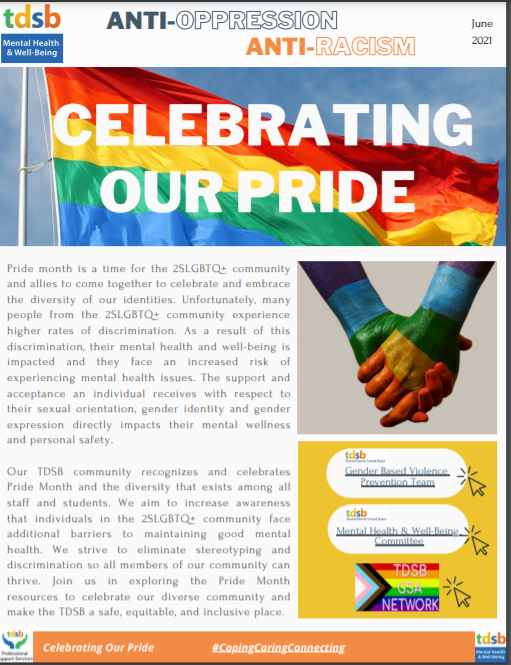 TDSB_MHWB's tweet photo. PRIDE resources are now available for all @tdsb schools from the @TDSB_MHWB Committee. Join us in celebrating our diverse school community &amp; in helping make the TDSB a safe, welcoming &amp; inclusive space for all. Link: https://t.co/WyH9cyNjRF https://t.co/B7xuV0MAfp