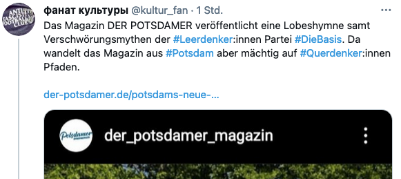 TickerPotsdam's tweet photo. Das Stadtmagazin 'Der Potsdamer' bewirbt die #Querdenker:innen Partei #DieBasis. Pure Wahlwerbung und keinerlei kritische Einordnung. #Potsdam
"Die Basis" entstammt aus dem Querdenker-Umfeld und gilt als Nachfolger der Partei #Widerstand2020.
Via @kultur_fan https://t.co/GGY0UScMSn