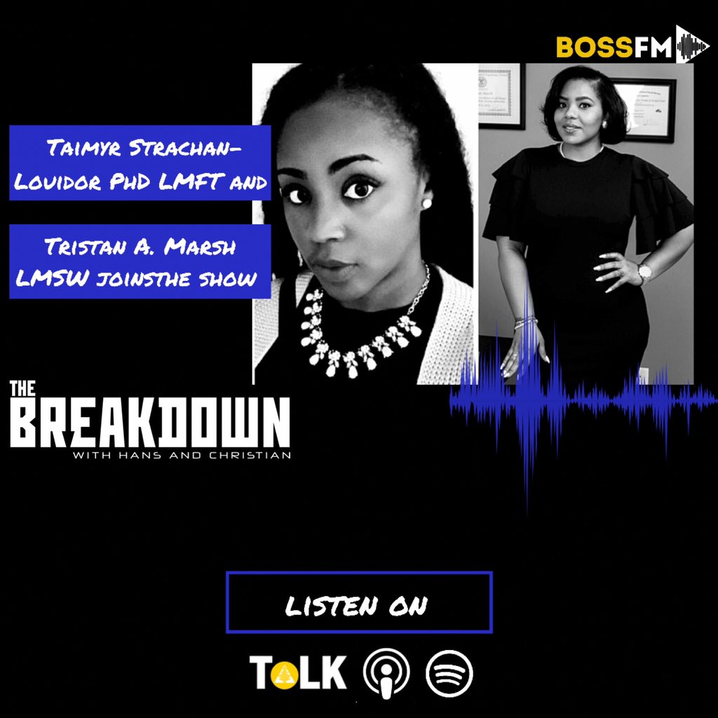 TheBreakdownwHC's tweet photo. On today's show, we end Mental Health Awareness Month with a BANG! We are joined today by two special guests, Tristan A. Marsh, LMSW and Taimyr Strachan-Louidor, PhD, LMFT!

Today's show includes discussion on mental health, self care, and more... https://t.co/NGKqODm5Bt