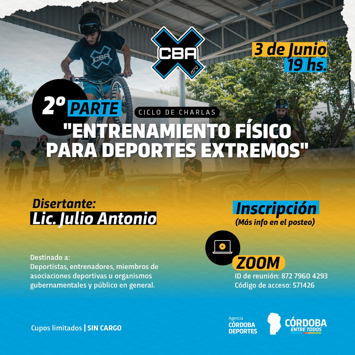 #ComunidadX 📅 JUEVES 3 🕝 19 hs. Ciclo de Charlas sobre “Entrenamiento Fisico para Deportes Extremos” 🏃🏻‍♀️🚴🏼💯

🗣️Speaker Lic Julio Antonio.
💻PARTE II. 

🎥Por Zoom.
Unite👇🏽
us02web.zoom.us/j/87279604293?…

ID de reunión: 872 7960 4293
Código de acceso: 571426