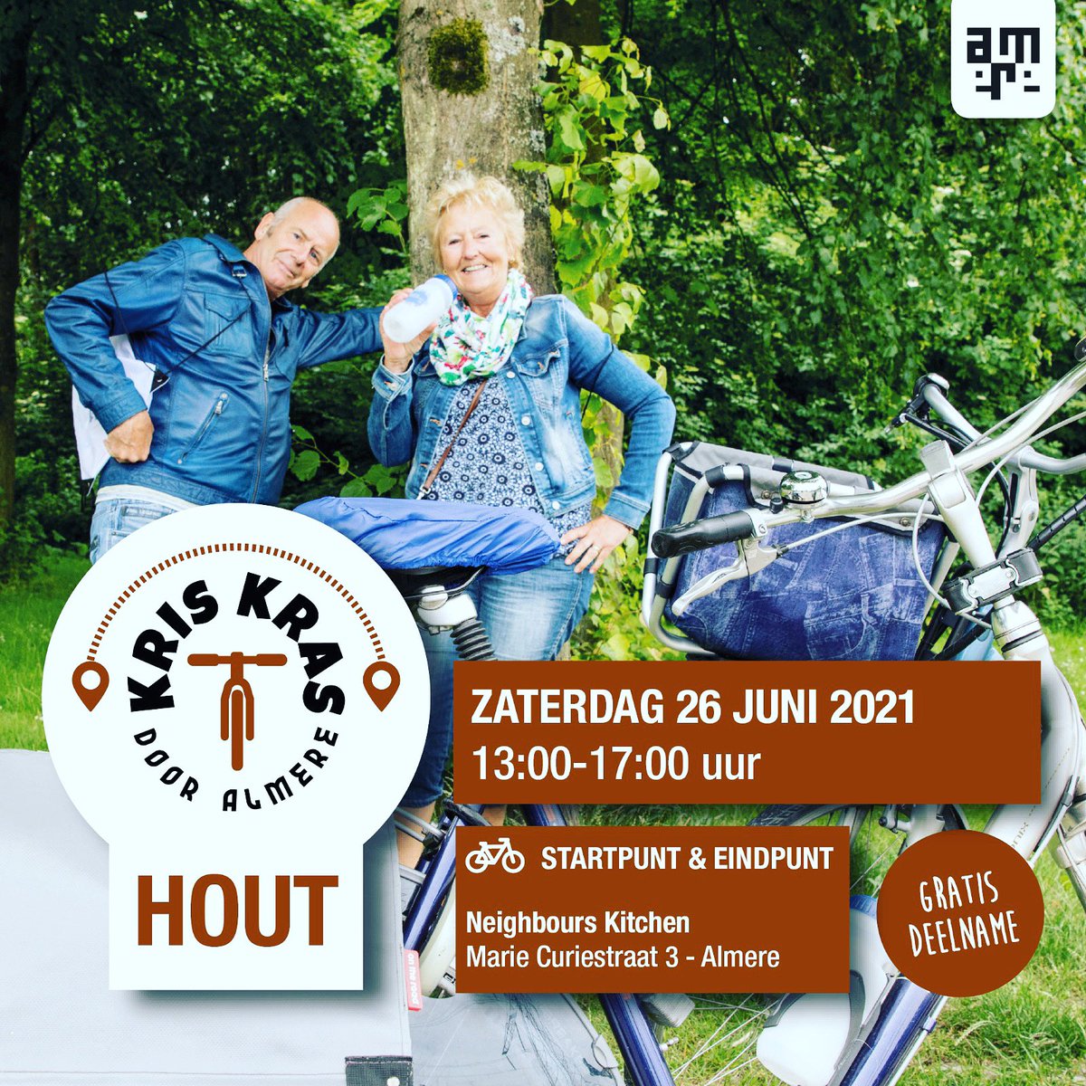 vanderwalpm's tweet photo. De Corona maatregelen nemen af, het is prachtig weer en Kris Kras door Almere Hout komt er weer aan. Wat is het leven toch weer fijn. Zaterdag 26 juni van 13-17 uur weer lekker fietsen langs allerlei bijzondere adresjes. Start 13 uur bij Neighbours Kitchen, Marie Curiestraat 3. https://t.co/NExoxwJxdz