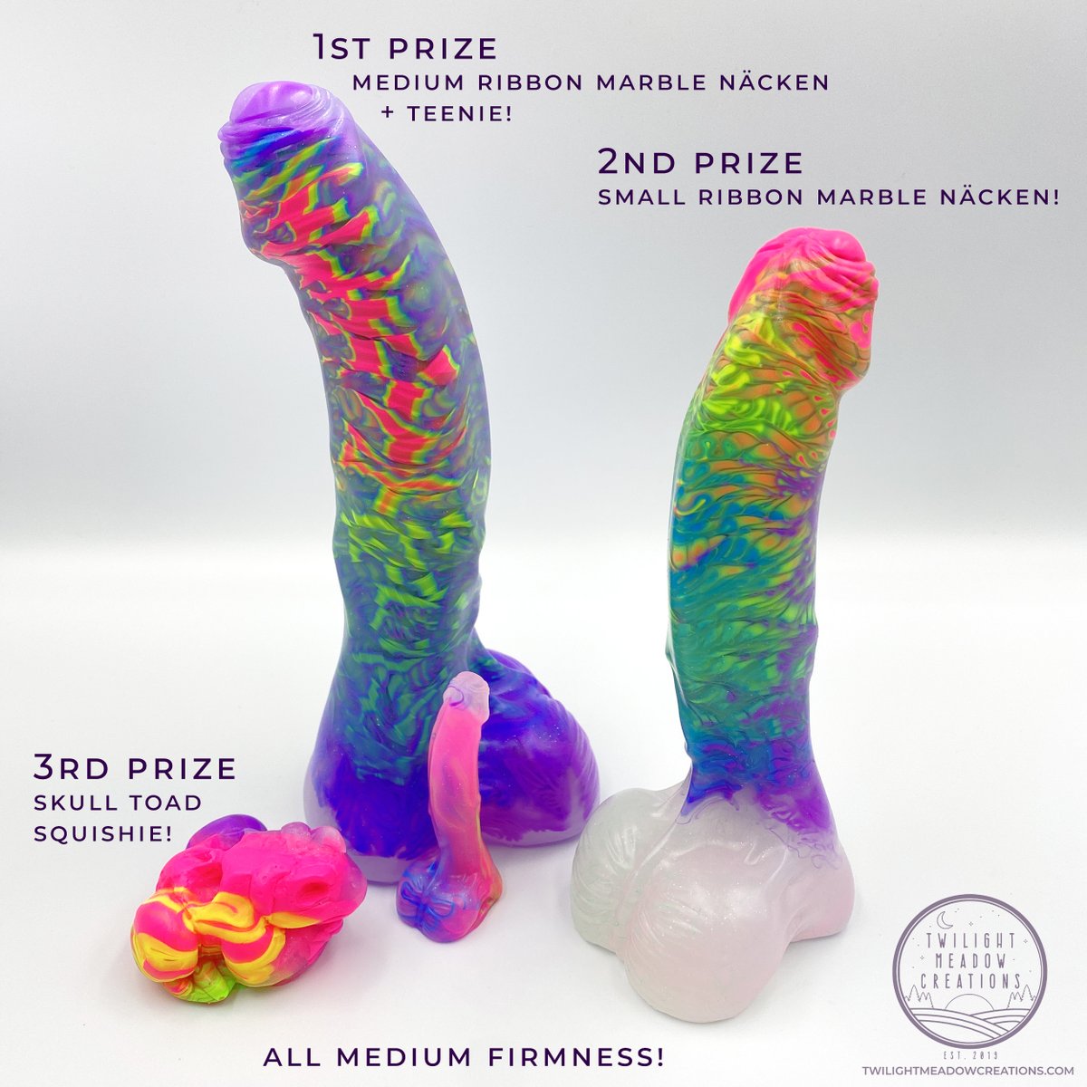 Twilight_Meadow's tweet photo. Kicking off Pride month one day early with a giveaway ✨🏳️‍🌈✨

Just follow us and retweet this post for a chance to win these wonderfully vibrant rainbow ribbon marble Näckens or a Skull Toad squishie. 
(All Medium firmness)

18+ only
Ends Monday June 14th 

Full rules below: https://t.co/yOiIizy3R6