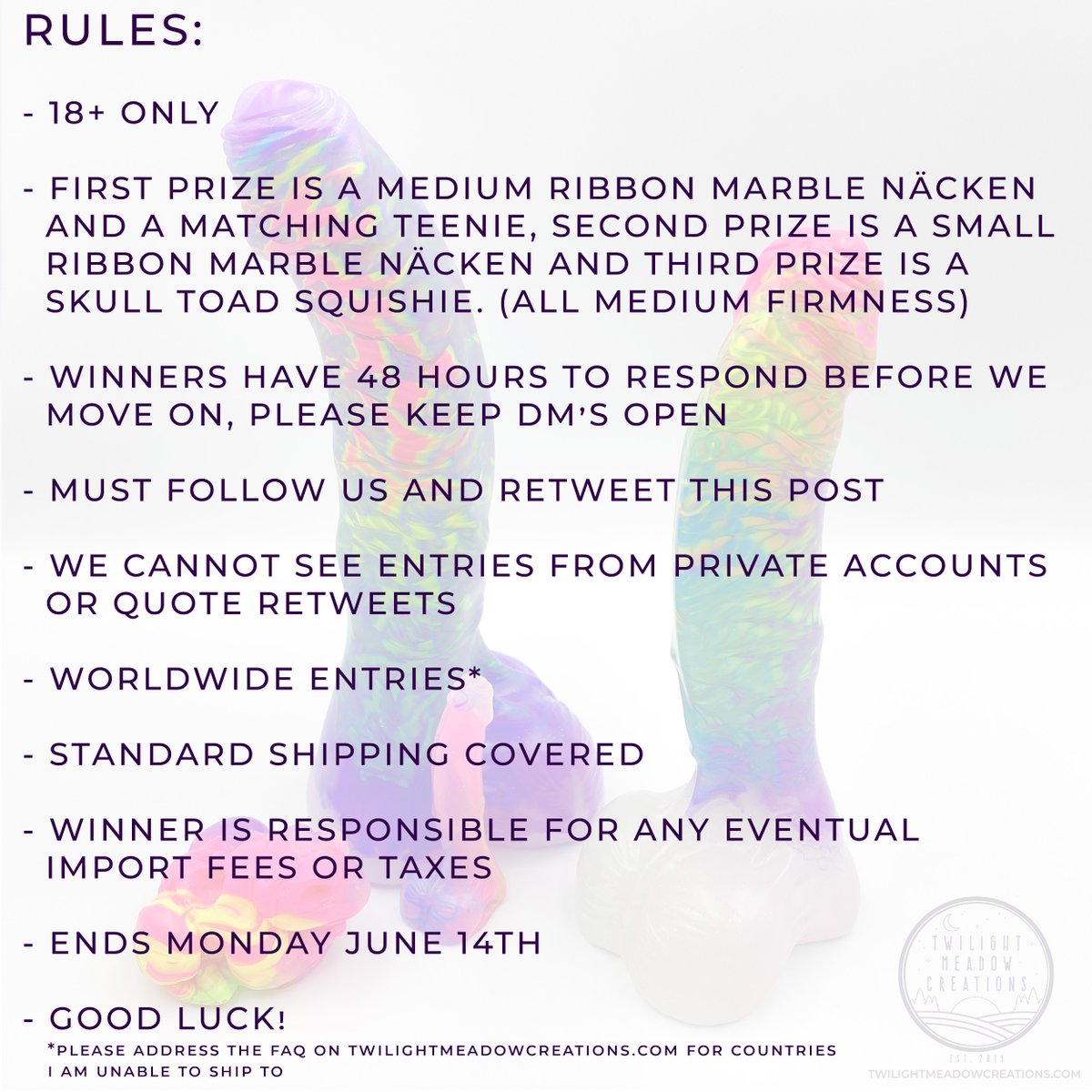 Kicking off Pride month one day early with a giveaway ✨🏳️‍🌈✨

Just follow us and retweet this post for a chance to win these wonderfully vibrant rainbow ribbon marble Näckens or a Skull Toad squishie. 
(All Medium firmness)

18+ only
Ends Monday June 14th 

Full rules below: