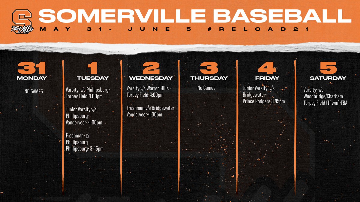 villebaseballnj's tweet photo. Somerville Baseball Look Ahead
Week of May 31st -June 5th
#reload21 https://t.co/g4MW4V1kzq