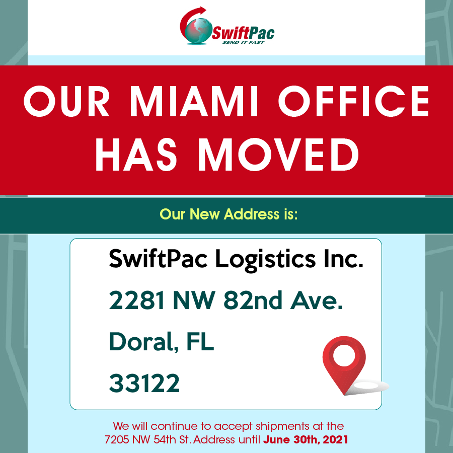 SwiftPac's tweet photo. OUR MIAMI OFFICE HAS MOVED✨

We are happy to inform you that we have moved to the New SwiftPac Warehouse and Office in Doral, Florida.

📍✨NEW ADDRESS✨
SwiftPac Logistics Inc.
2281 NW 82nd Ave.
Doral FL 33122

#swiftpac #officemove #WarehouseMove #ThankYou https://t.co/batVuQFdTp