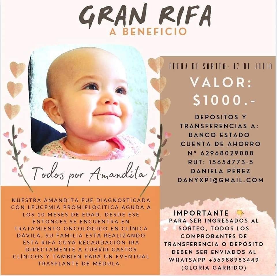 Ella es Amanda, mi sobrina, vive en San Francisco de Mostazal, VI Región, una comuna principalmente agrícola. Tiene 10 meses y a los 4 le detectaron leucemia. Su familia está realizando una rifa para recolectar fondos para costear el tratamiento. Por favor ayuda con RT 🙏🙏🙏🙏🙏