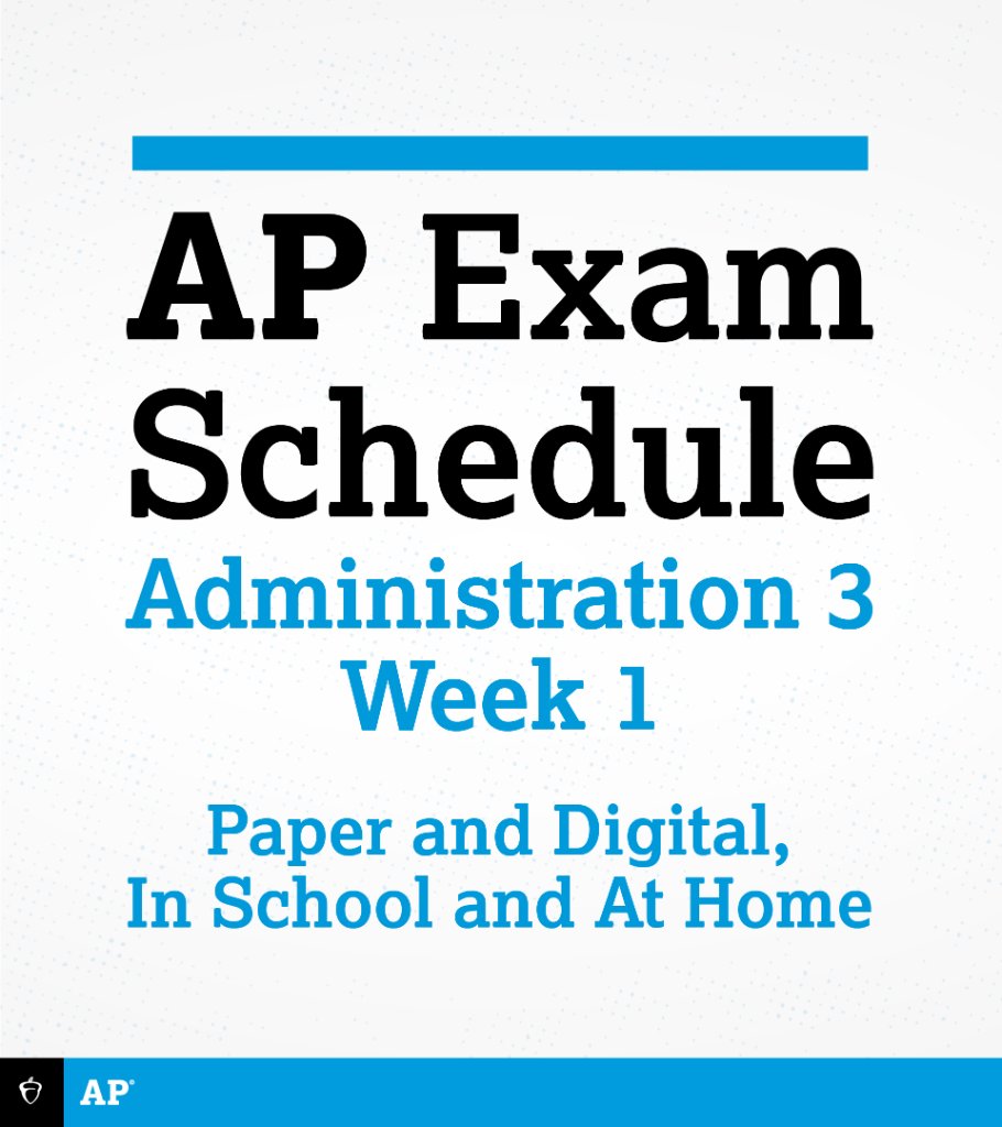 APforStudents's tweet photo. AP Exams continue this week! During Administration 3, most subjects are digital, administered in school or taken at home.

Digital AP Exams start at the same time worldwide. Double-check what time your exam will begin in your time zone.

https://t.co/pRf1qie3q6 https://t.co/T0W8aRzion
