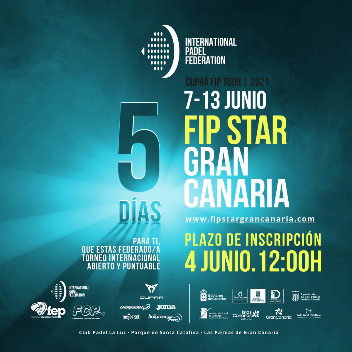 📣 Federado/a aún estás a tiempo de inscribirte!! 5 DÍAS y cerramos plazo de inscripción ‼️ Te animamos a participar en el mejor torneo internacional de pádel, abierto y puntuable... 👇 

🌟 FIP STAR GRAN CANARIA 2021 🇮🇨
🗓 7 -13 de junio
·
☎️ 928 635 685