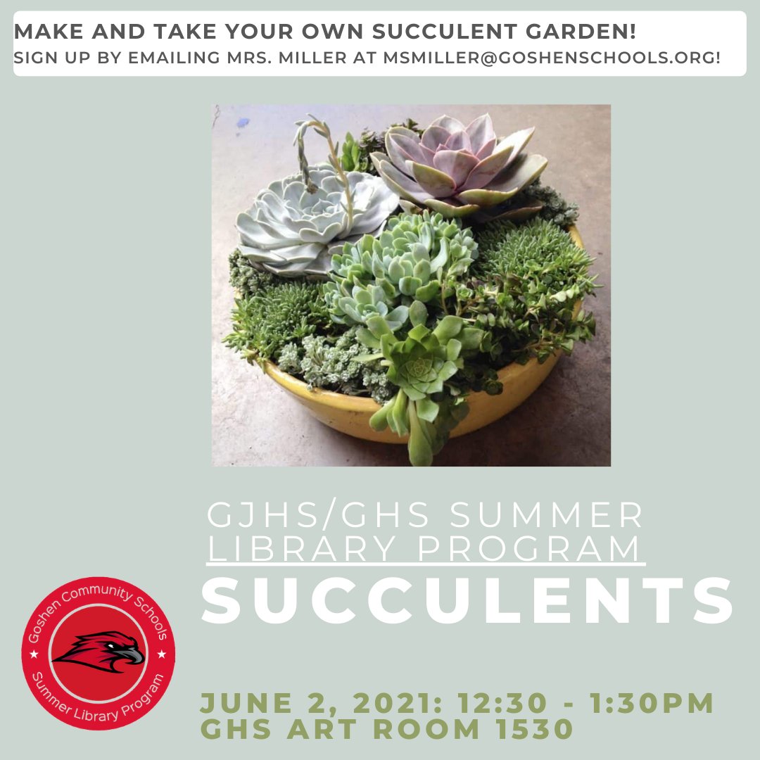 tcoreads's tweet photo. Do you like succulents? Plant a succulent garden with Ms. Poling on Wednesday afternoon! You get to keep the garden you plant, and there is no cost! Email Mrs. Miller at https://t.co/XhSj9X51Vy to register - space is limited! https://t.co/Q6wLm4RfEM