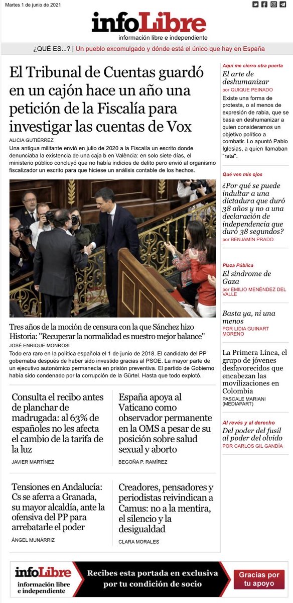 jesusmarana's tweet photo. Portada de ⁦@_infoLibre⁩ 
El #TribunalDeCuentas guardó en un cajón hace un año una petición de la #Fiscalía para investigar las cuentas de #Vox ; Tres años de la moción de censura con la que #Sánchez hizo Historia...
Ya para suscriptores: https://t.co/UdwG5X2AWM https://t.co/TcoRBzOKvP