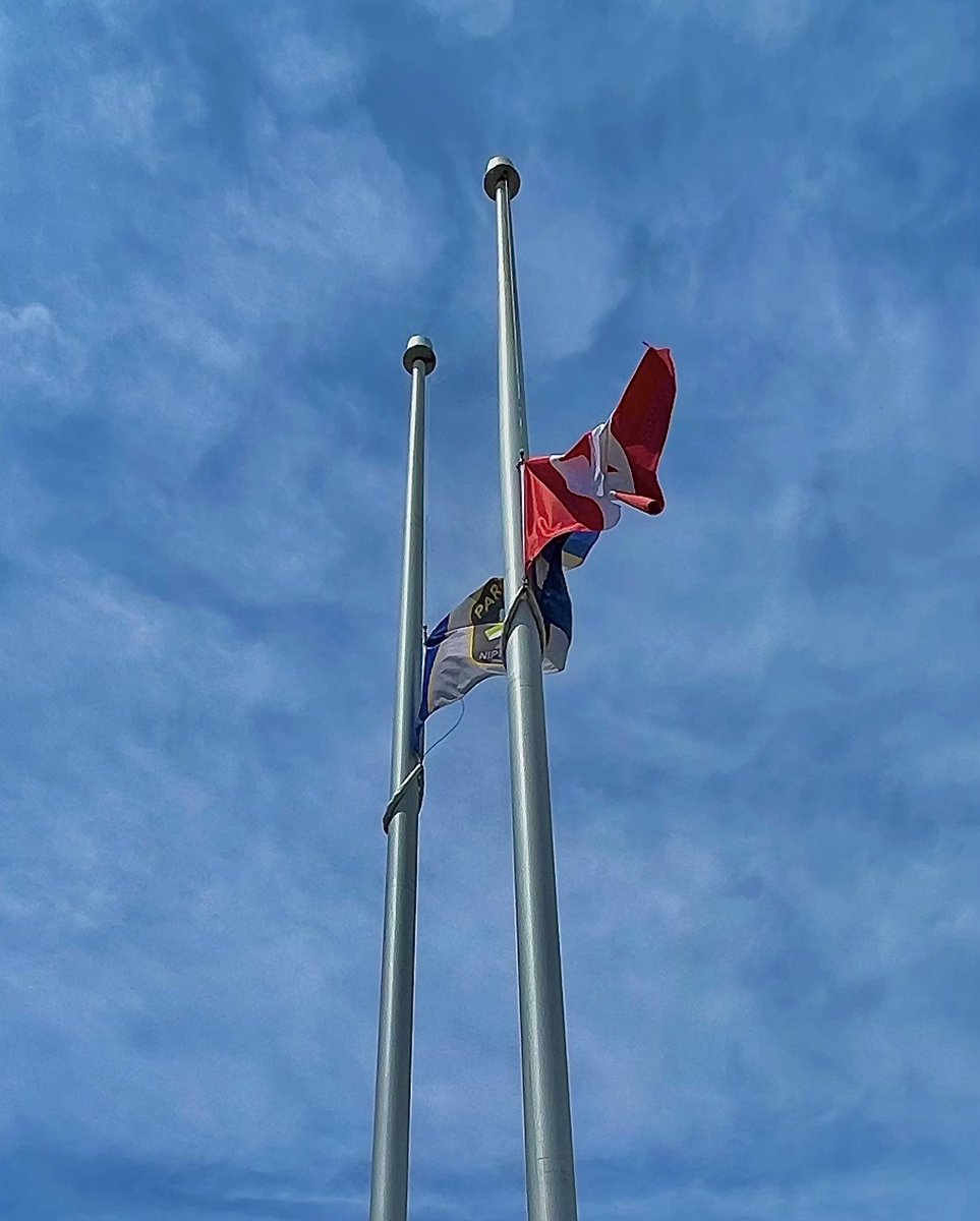 nipissingmedics's tweet photo. Flags at Nipissing District Paramedic Service will be lowered to honour the lives and memories of the 215 children found at the residential school in Kamloops. The flags will remain lowered for one hour for every child whose life was taken.

#everychildmatters #215kamloops https://t.co/BpUpDBJzz6