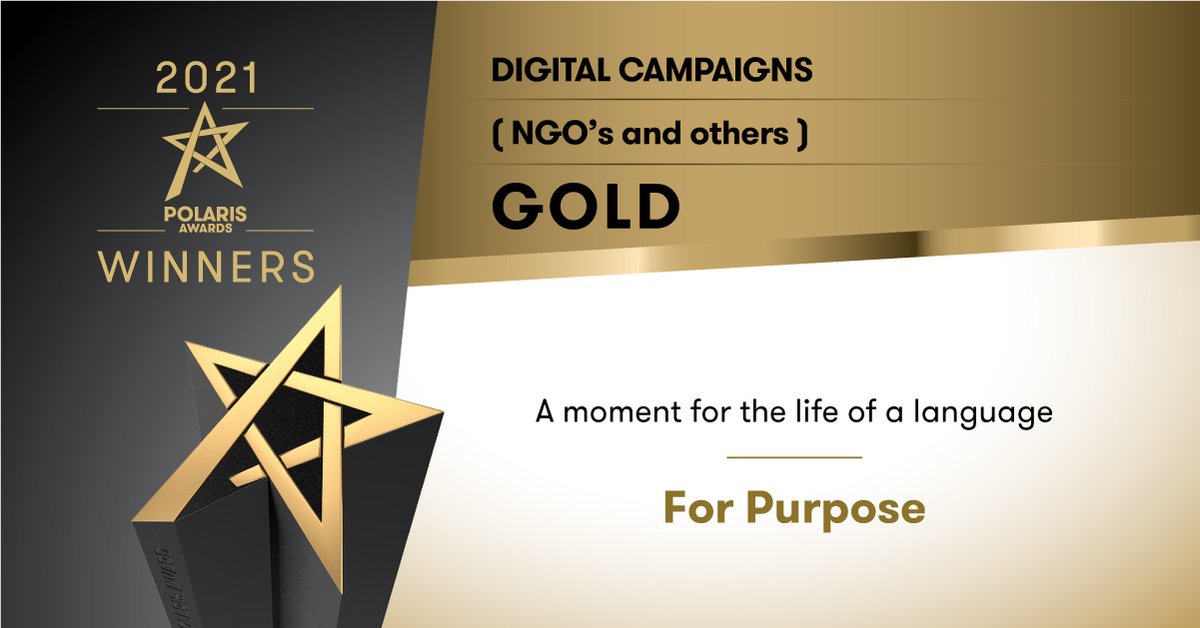 polaris_awards's tweet photo. For Purpose is awarded with a Gold Polaris with their “A moment for the life of a language” work at the Digital Campaigns / NGO’S and others category.  #Polaris21 https://t.co/OhPpbrsZ0f