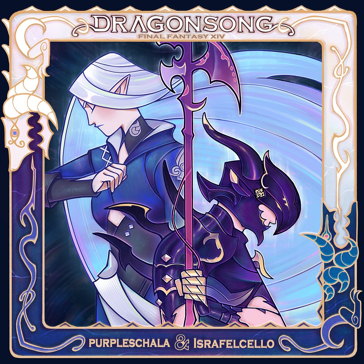 I had the honor of creating the album art for the Piano and Cello cover of Dragonsong from FFXIV - Heavensward, by <a href="/purpleschala/">Purpleschala</a> and <a href="/IsrafelCello/">Andrew Dunn</a> ! 🐉⚔️
Please listen to it, it's sounds just utterly beautiful, I'm blown away. Links below!