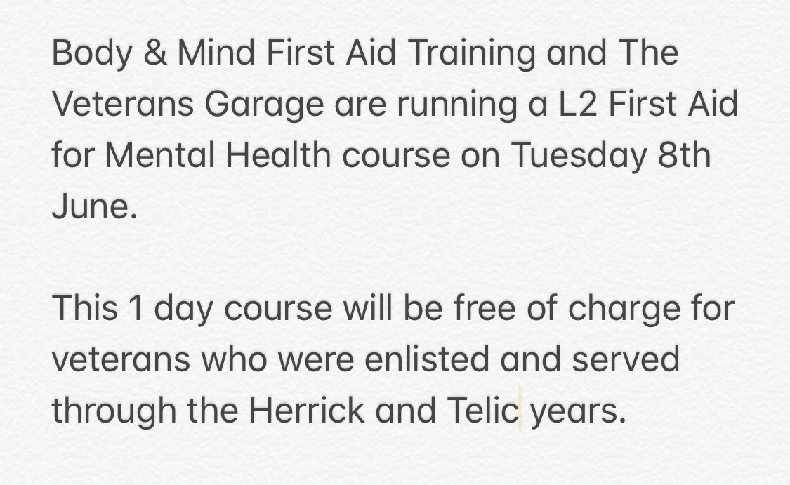 **Free Mental Health Training for Veterans**

8th June
<a href="/VeteransGarage/">Sopwith Veterans Hub</a> (near Manchester Airport)

Email: info@bodymindfirstaid.co.uk for more info.