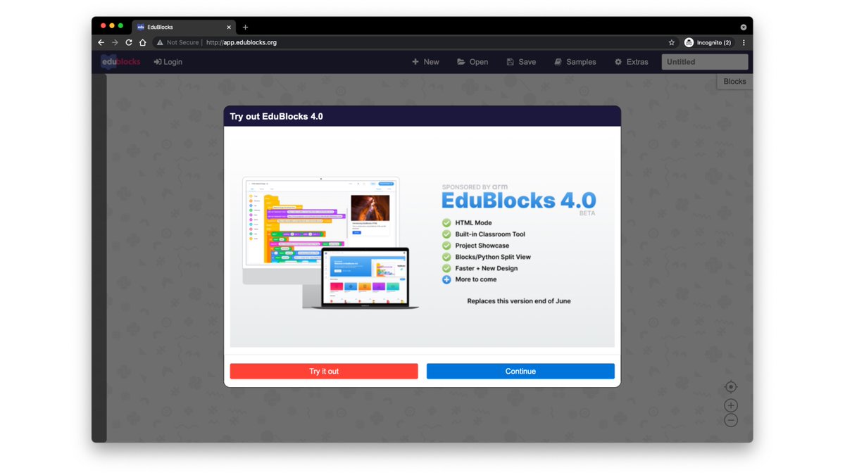 all_about_code's tweet image. If you load the EduBlocks, you'll now get a prompt to try the new version (4.0)!
Hope this will help gather some feedback & find some bugs before I do a full release with some promotion etc.
There's still some features to work on but you can try it out staging.edublocks.org