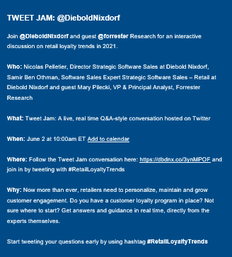 Join me as I tweet about #RetailLoyaltyTrends on Wednesday this week with DIebold Nixdorf!