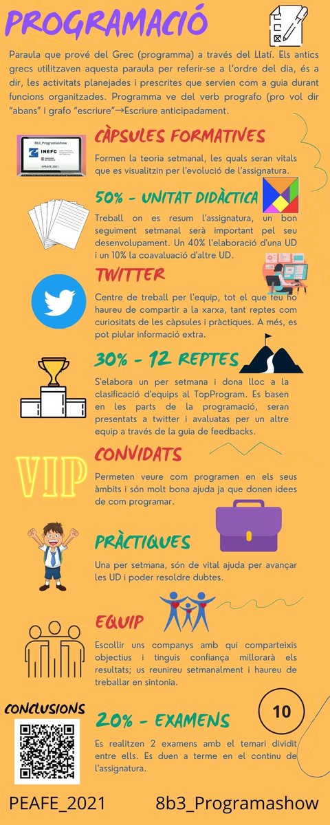 BProgramashow's tweet image. REPTE 12❗️
Us presentem el nostre resum de l'assignatura. Esperem que sigui prou entenedor. ✅💥
Els criteris són els següents: 
▶️200p Informació de l'assignatura.
▶️50p Eines TIC
▶️25p Autoria
▶️25p Tuit Visual
Ha estat un plaer formar part d'aquest TopProgram.😭🥳
#PEAFE_2021