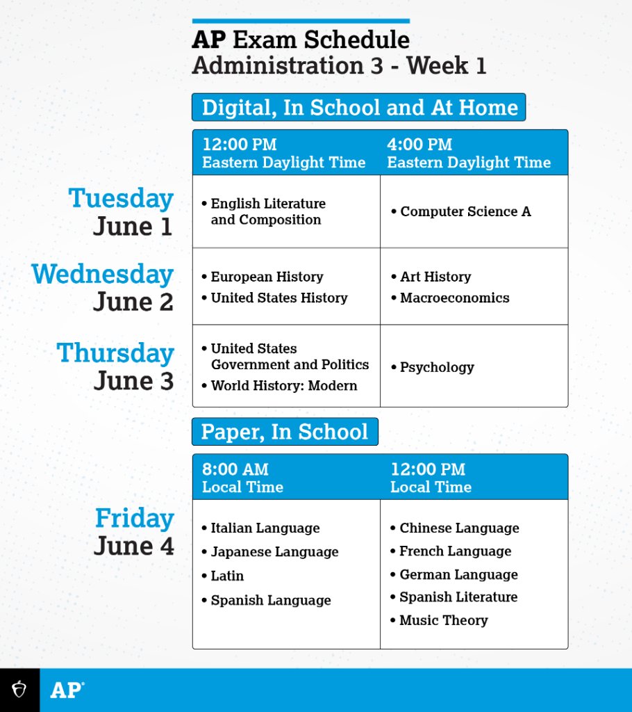 AP Exams continue this week. During Administration 3, most subjects are digital, administered in school or taken at home.

Digital AP Exams start at the same time worldwide. Double-check what time your exam will begin in your time zone.

spr.ly/6016yy1R6