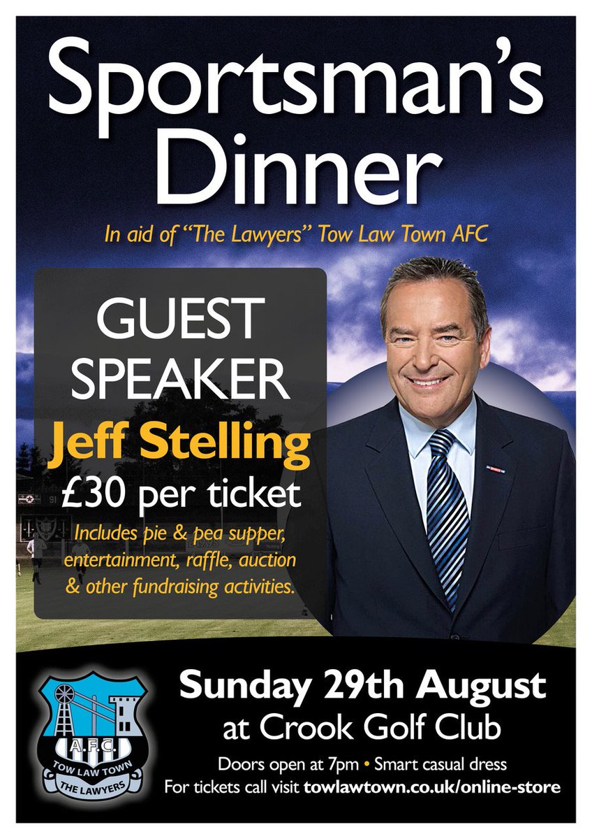 Towlawtown's tweet photo. Tow Law in partnership with @CrookGolfClub present an evening with @JeffStelling Tickets available https://t.co/lFfBDgHnks 
@theofficialnl @Official_HUFC @AvecSport https://t.co/8AtxaFXhZx