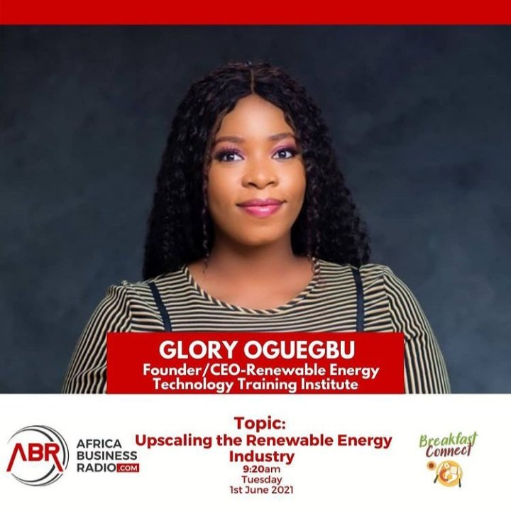 GloryOguegbu's tweet photo. I will be live on the #Breakfast #Connect #Show with Africa Business Radio @AfricaBizRadio to discuss "Strategies for Upscaling the Renewable Energy Industry" by 9.20 AM Tuesday 1st June.

I will be sharing detailed industry statistics. Check for details: https://t.co/iTvgraqyDV https://t.co/3l36thFPpE