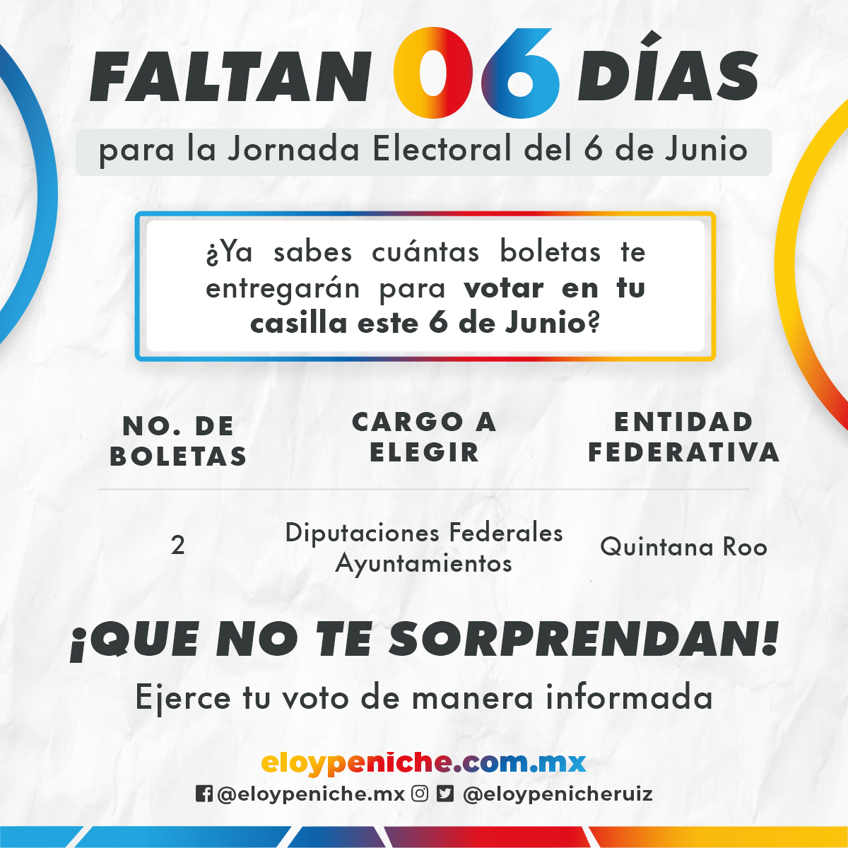 Este 6 de junio, en Quintana Roo renovaremos Ayuntamientos y elegiremos a nuestros representantes en la Cámara de diputados. Agenda la fecha. No olvides salir a votar por la alianza Va por México. #JalemosJuntos. Vota por Eloy Peniche. Va por ti, va por todos.