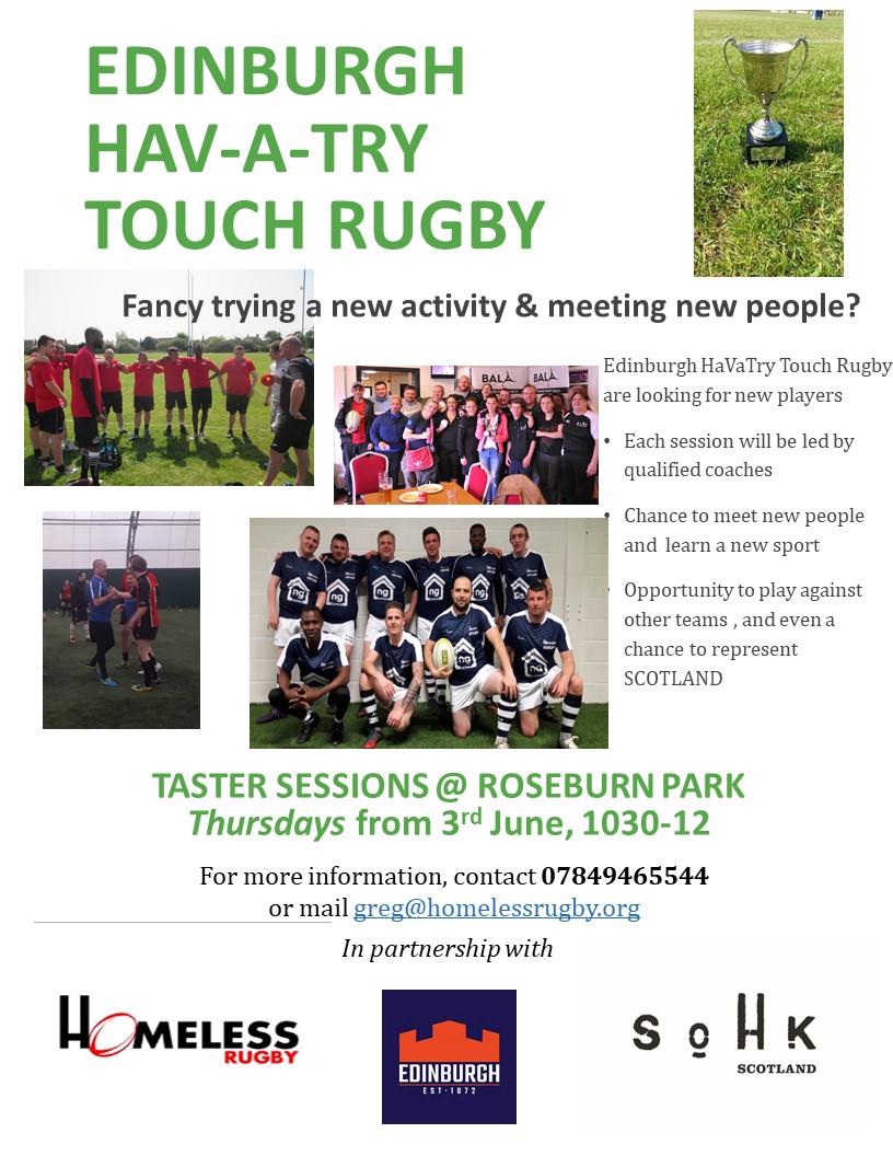 Pleased to announce that in p'ship with <a href="/ERCommunityTeam/">Edinburgh Rugby Community</a> &amp; <a href="/SOHKCharity/">School of Hard Knocks</a> we are re-starting our Edinburgh HaV (Touch)-Rugby sessions THIS THURSDAY (3rd June)
Meet 1030 at Murrayfield entrance to Roseburn Park (Ice Rink). FREE for anyone 18+ &amp; unemployed. Fun, non-contact rugby🏉