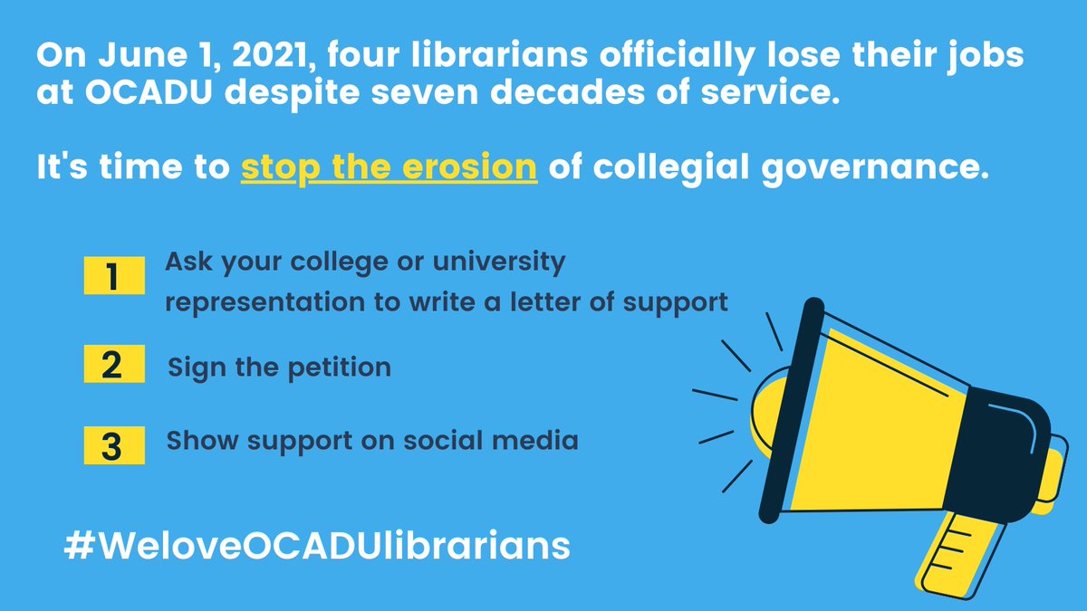 QUFAtweet's tweet image. Sign the petition to tell OCADU Administration that they must not make decisions behind closed doors and without meaningful consultation from faculty, librarians, staff, and students. #weloveOCADUlibrarians
thepetitionsite.com/172/609/882/we…