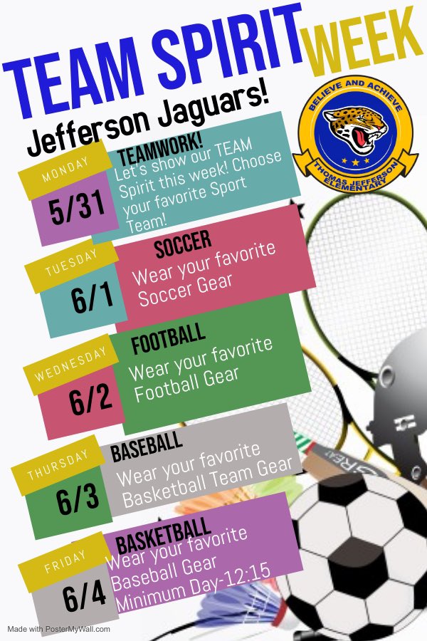 DrBermudez3's tweet photo. 😎TEAM Spirit week⏰ is here!  Jefferson Jaguars🐾  join us by wearing your favorite Sports ⚽️🏀🏈⚾️🎾⚽ Wear your favorite👕 &amp;🧢 Let's do this!😃@mrmicahali @ComptonUnified @satrazurita @ShannonMSoto @luvmycommunity @TheRealKayWhite @AleSanchez_2 @PrincipalAquino @jonacua123 https://t.co/LKLs4JfGlw