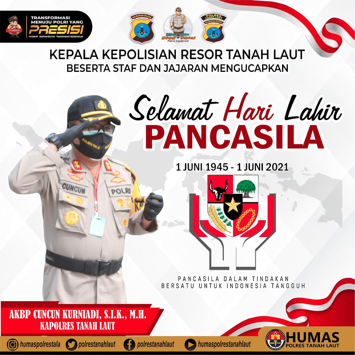 PanyipatanHumas's tweet photo. Kapolres Tanah Laut Beserta Staf dan Jajaran Mengucapkan : 
Selamat Hari Lahir Pancasila 
1 Juni 1945 - 1 Juni 2021

“Pancasila Dalam Tindakan Bersatu Untuk Indonesia Tangguh”

#polrestanahlaut #pelaihari #tanahlaut #tuntungpandang #iklasmelayanitulusmelindungi https://t.co/1U3BxoD1yJ