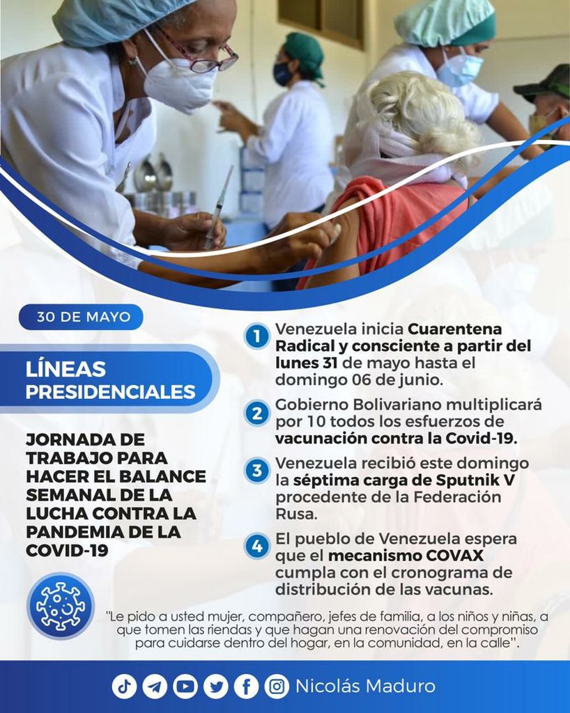 CarnetDLaPatria's tweet image. #ATENCION Estamos en la  #SemanaRadicalConciente, en este sentido, el Presidente @NicolasMaduro orientó las #LíneasPresidenciales que desde el #SistemaPatria te compartimos.

¡No bajes la guardia! ¡Vamos a Cuidarnos!
