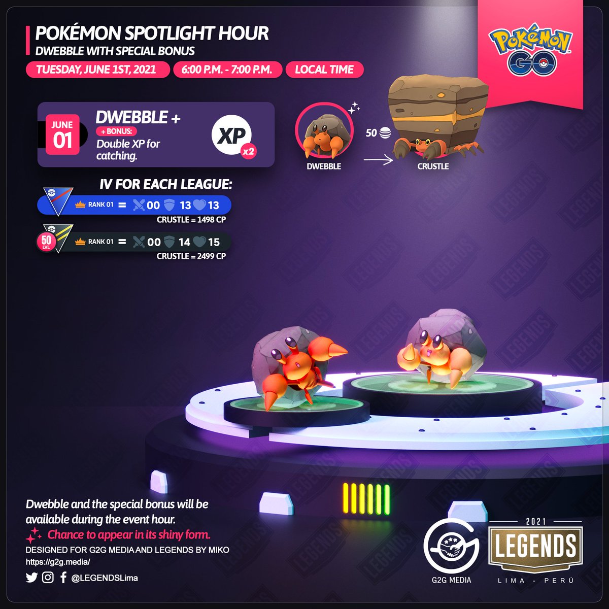 LEGENDSLima's tweet image. 🇺🇸
Remember, Trainers!
#Dwebble and the special bonus will be available on Tuesday, June 1st from 6:00 p.m. to 7:00 p.m. (local time).

#PokemonGO #PokemonGOApp #3D #3DArt #G2G #Crustle