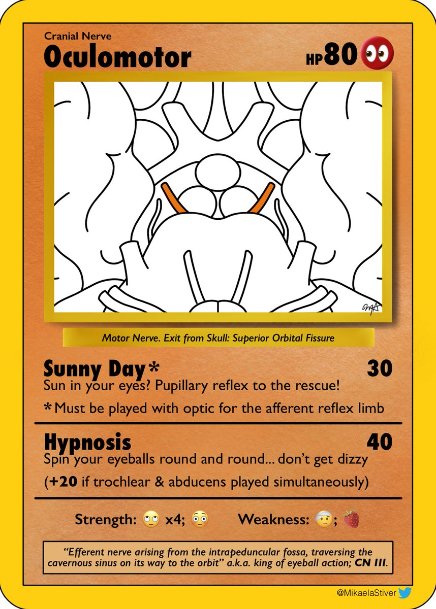 Ask and you shall receive... cranial nerves I, II, &amp; III as #Pokemon cards!! 🤓🧠 (full set coming slowly but surely!)

See if you can make sense of the cryptic emoji strengths &amp; weaknesses 🤔 #AnatomyDoodle #MedTwitter