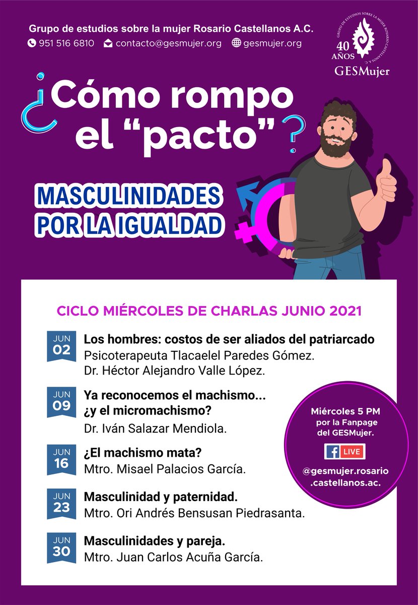 El <a href="/GES_Mujer/">GESMujer</a> invita al ciclo de videocharlas del mes de junio: “¿Cómo rompo el pacto?... Masculinidades por la igualdad”. 

Las charlas se transmitirán en vivo, los días miércoles a las 5:00 de la tarde, por medio de la fanpage del GESMujer.

Enlace:facebook.com/gesmujer.rosar…