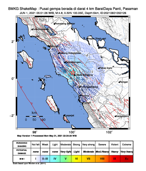 infoBMKG's tweet photo. #Gempa Mag:4.8, 01-Jun-21 05:01:26 WIB, Lok:0.32 LU, 100.05 BT (Pusat gempa berada di darat 4 km BaratDaya Panti, Pasaman), Kedlmn:5 Km Dirasakan (MMI) II - III Payakumbuh #BMKG https://t.co/fqZVsXbLcf