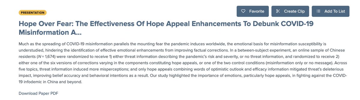 CAMER_UW's tweet photo. 🚨Meet #CAMER in #ICA21 
👉Hope Over Fear: The Effectiveness of Hope Appeal Enhancements to Debunk COVID-19 Misinformation Amid Heightened Threat, presented by @TheJianingLi, Ran Tao, Liwei Shen, and Sijia Yang in the Health Communication Division of ICA. https://t.co/R6aB7bu82z