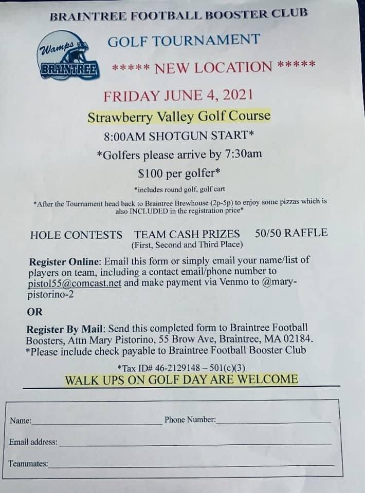 Braintree Football hosting Golf Tourney Friday June 4th at Strawberry Valley in Abington. Need more foursomes to round out the tournament. Registration still open or walk ups welcomed. Love to get alumni out there to support our program <a href="/jackgalvin32/">Jack Galvin</a> <a href="/jlongworth29/">John Longworth</a> <a href="/JohnnyRaffa/">Johnny Raffa</a>