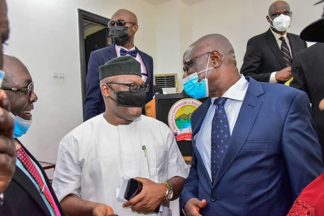 L-R- Hon Justice Cornelius Akintayo (Rtd.), Rt. Hon. Hakeem Jamiu and the newly sworn in Acting Chief Justice of Ekiti State, Hon. Justice Adeyeye exchanging banters shortly after he was sworn in today.